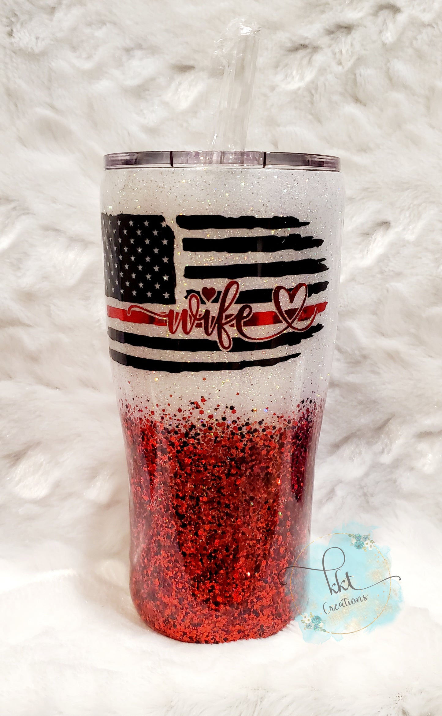 Firefighter Wife Glittered Ombre Custom Tumbler - 20 oz Curve - Red and White