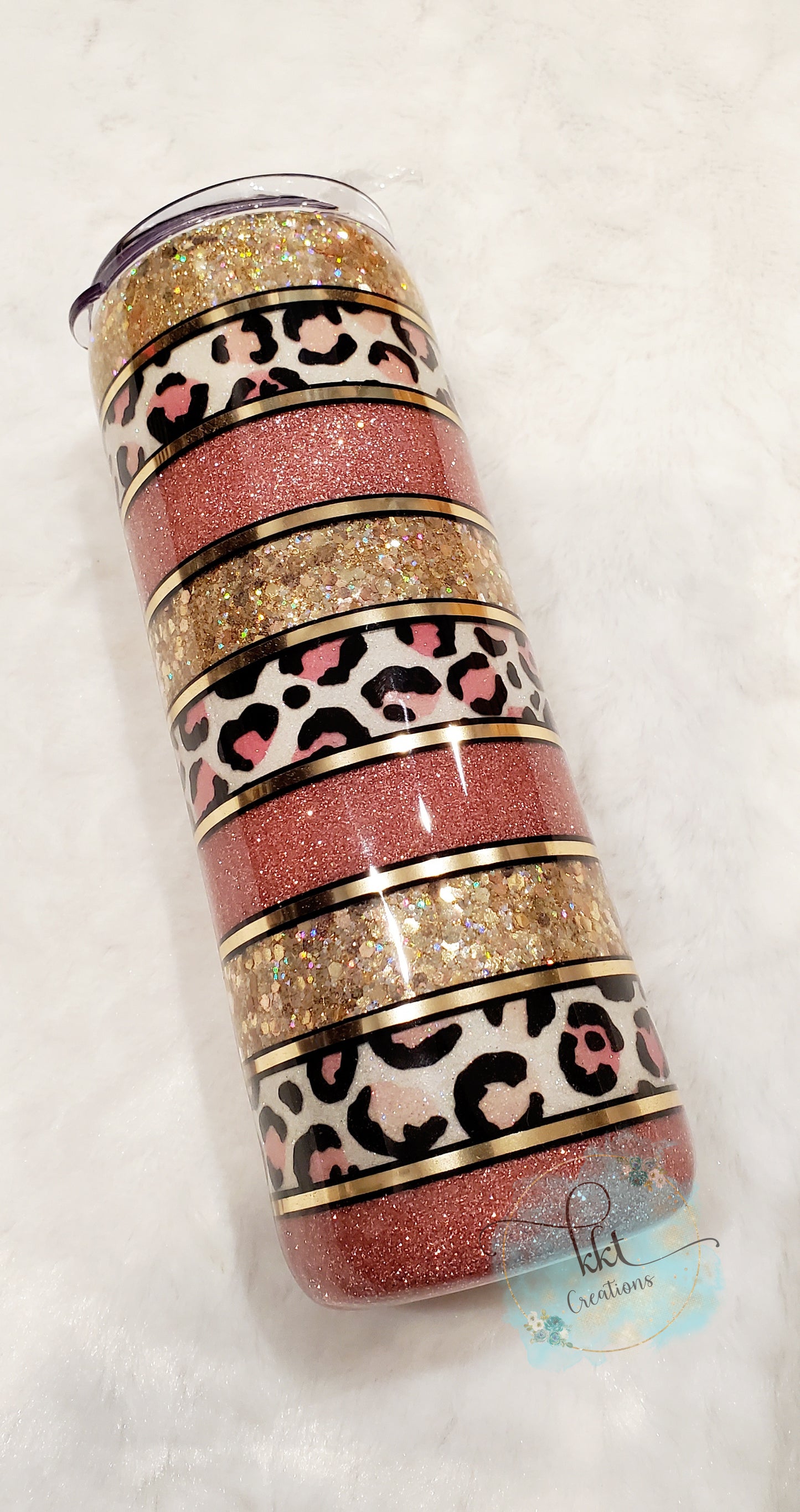 Rose Gold/Pink striped Glittered Leopard Print Custom Tumbler - 20 oz Skinny Straight