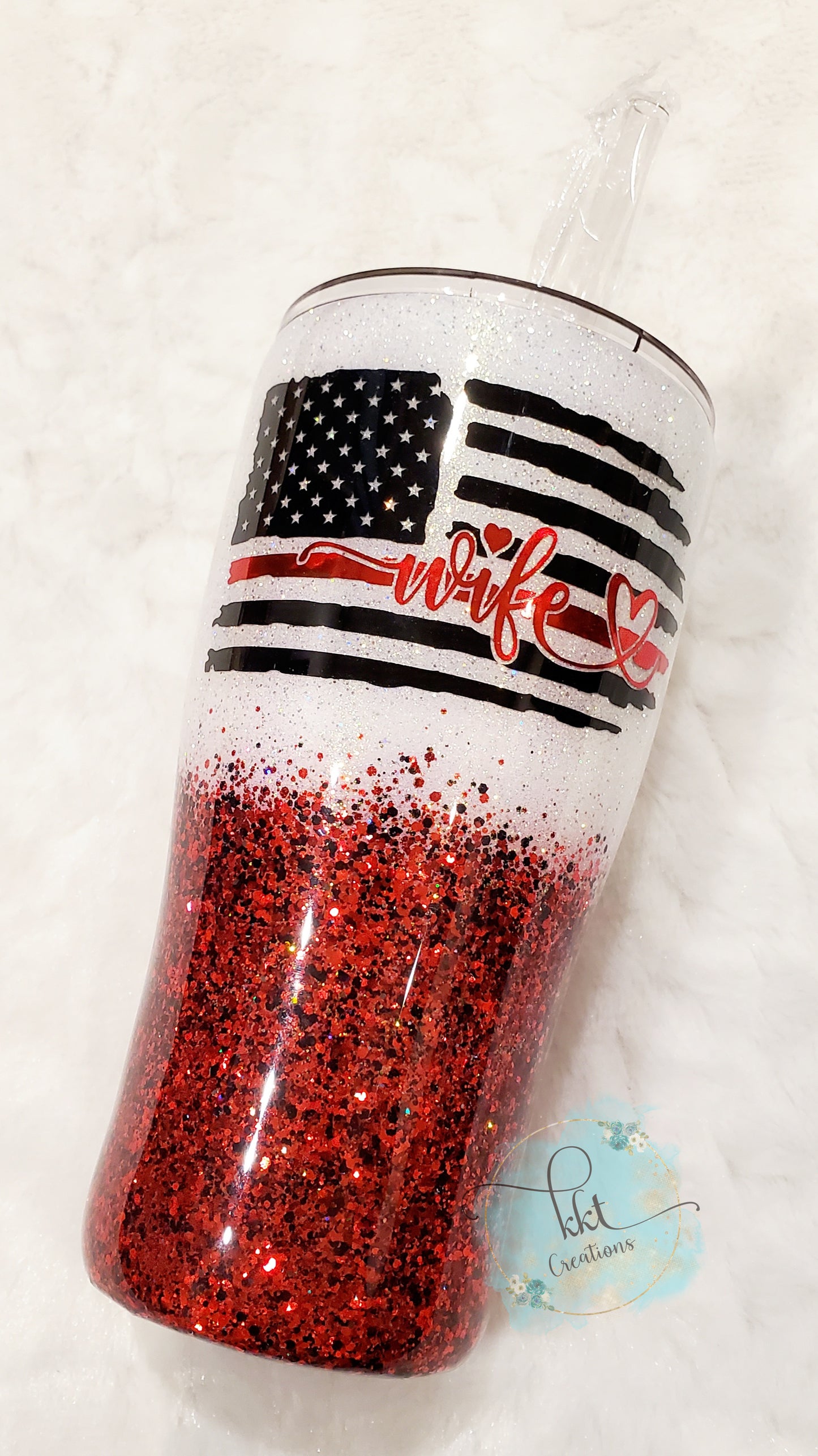 Firefighter Wife Glittered Ombre Custom Tumbler - 20 oz Curve - Red and White