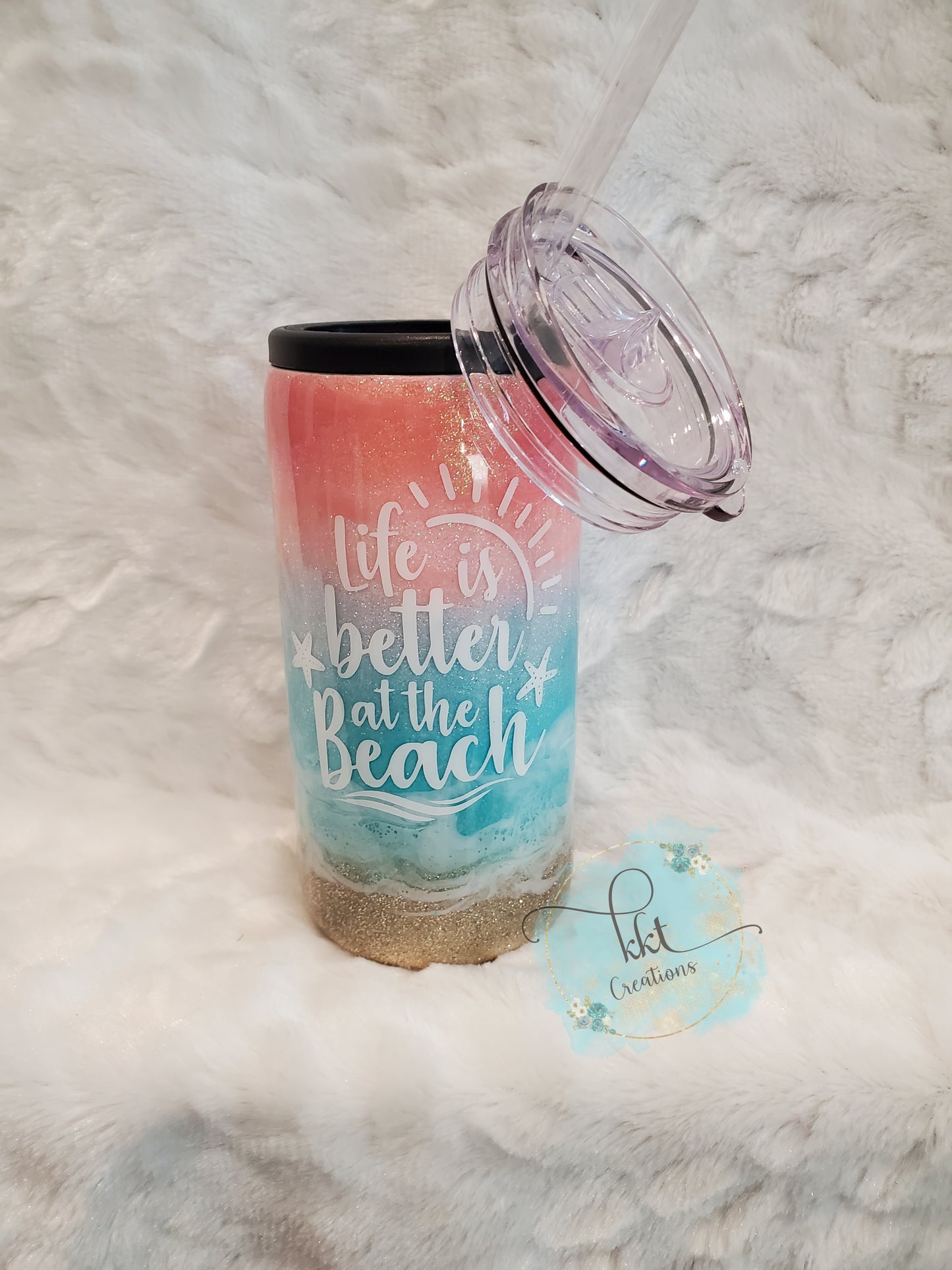 Beach, Pastel colored glitter ombre, Life is Better at the Beach - 12 oz SLIM DOUZIE, can kouzie & regular lid included