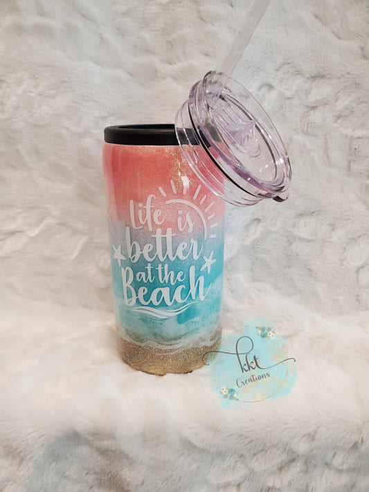 Beach, Pastel colored glitter ombre, Life is Better at the Beach - 12 oz SLIM DOUZIE, can kouzie & regular lid included