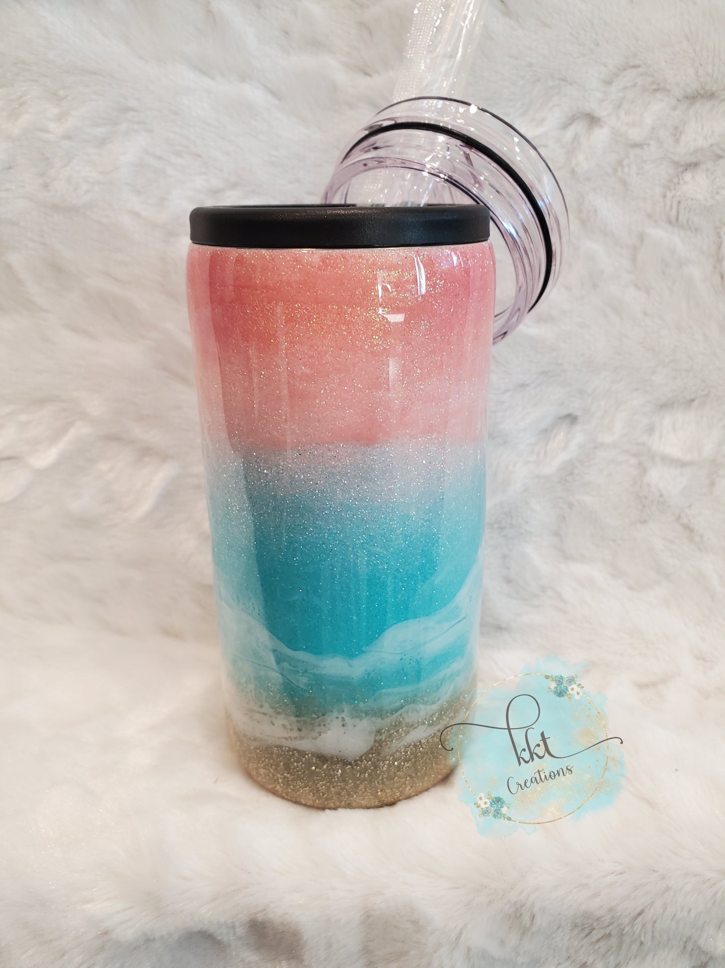 Beach, Pastel colored glitter ombre, Life is Better at the Beach - 12 oz SLIM DOUZIE, can kouzie & regular lid included