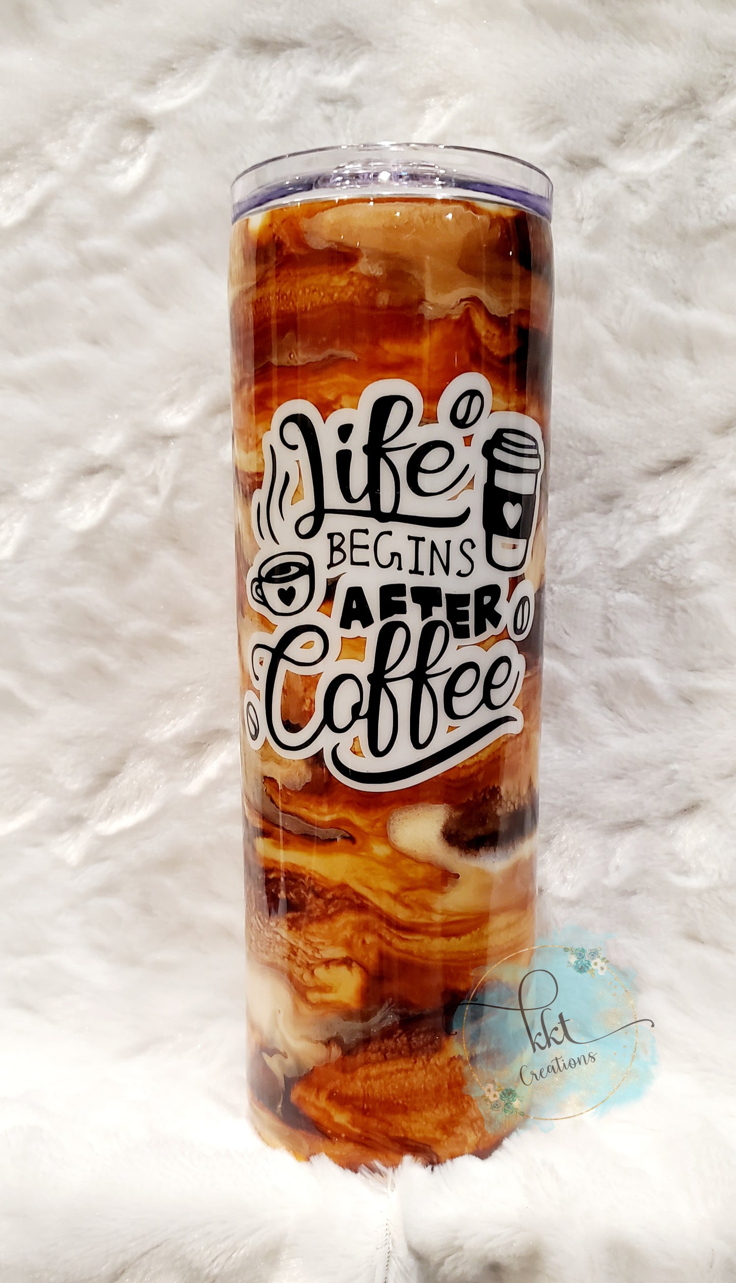 Life Begins After Coffee alcohol ink swirl custom tumbler - 30 oz skinny taper