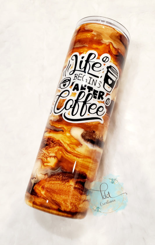 Life Begins After Coffee alcohol ink swirl custom tumbler - 30 oz skinny taper