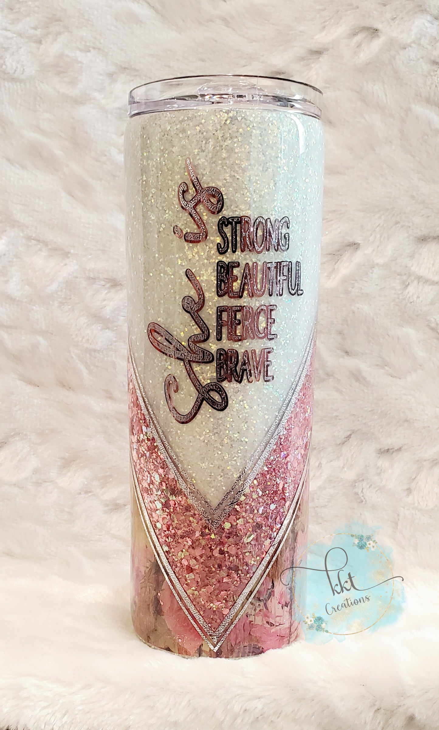 SHE IS...Glittered Flowered V-Split Custom Tumbler - 20 oz Skinny Straight - Pink