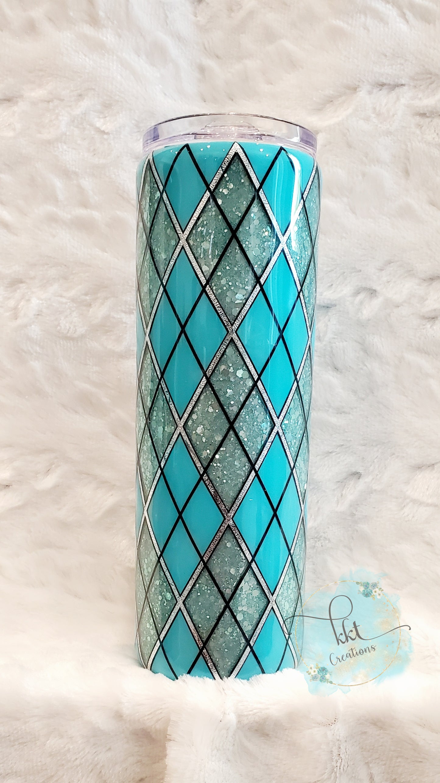 Glittered Argyle Tumbler - 30 oz Straight Skinny - Turquoise