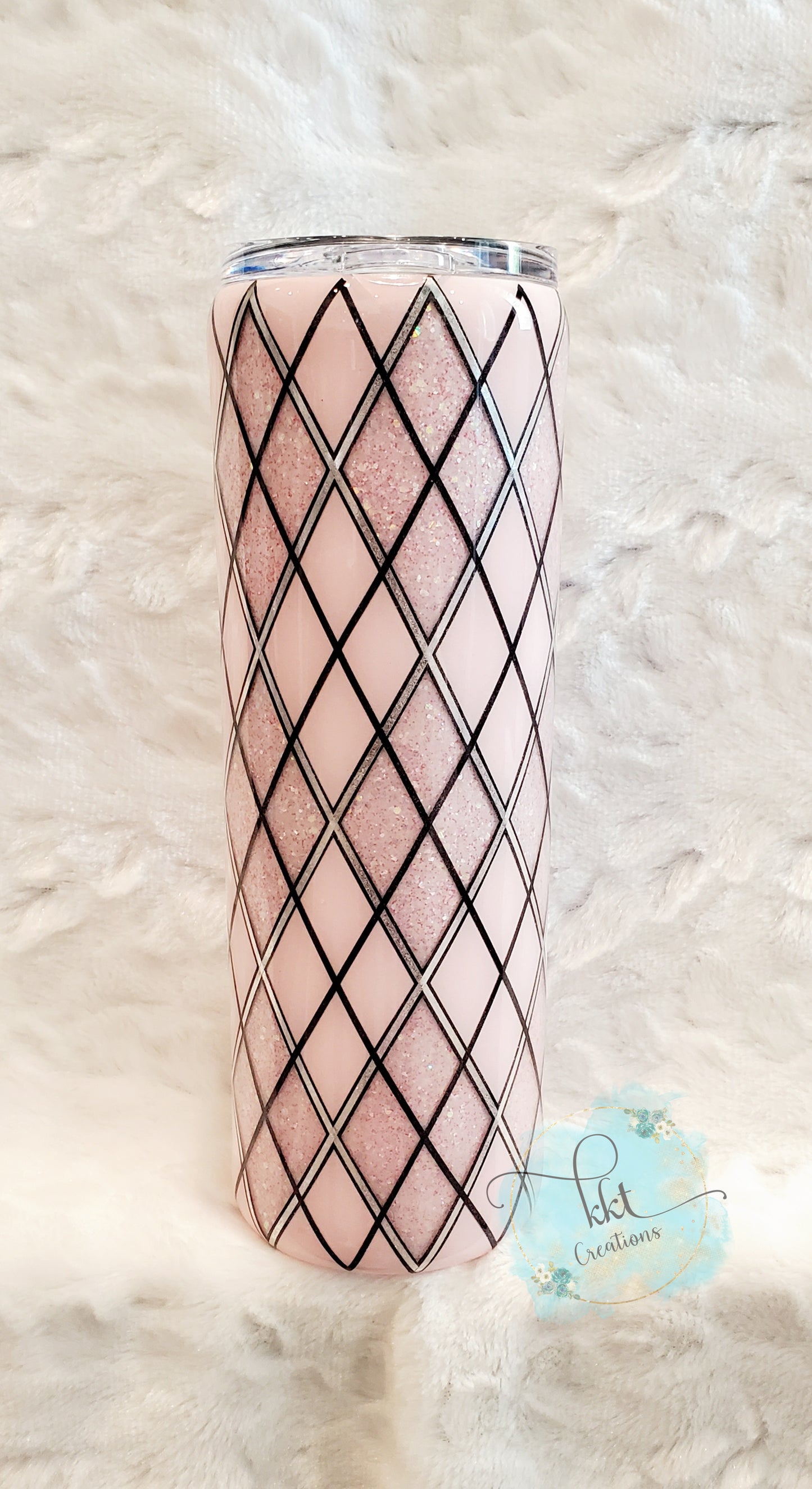 Glittered Argyle Custom Tumbler - 20 oz Skinny Straight -Light Pink