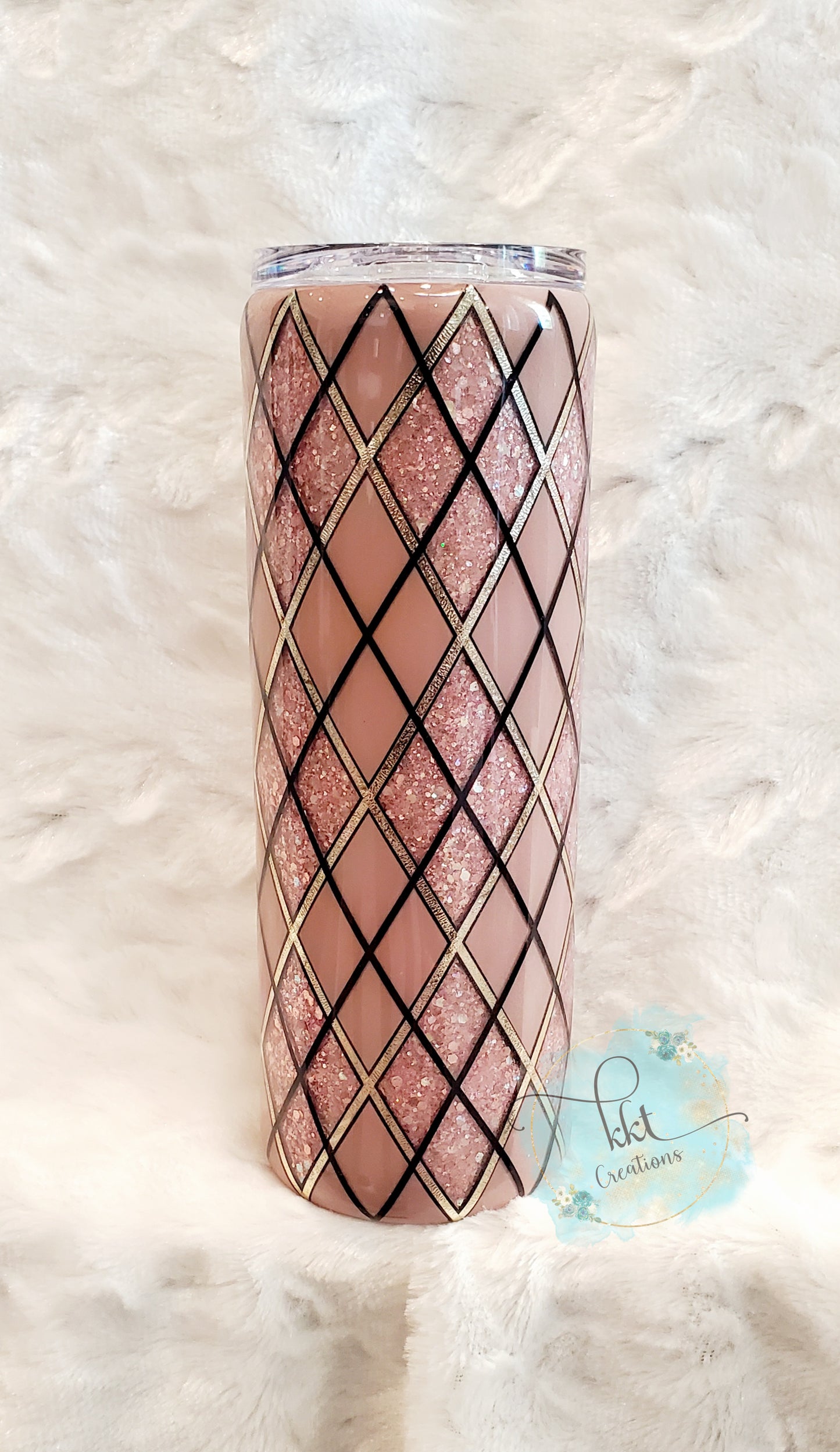 Glittered Argyle Custom Tumbler - 20 oz Skinny Straight - Pink