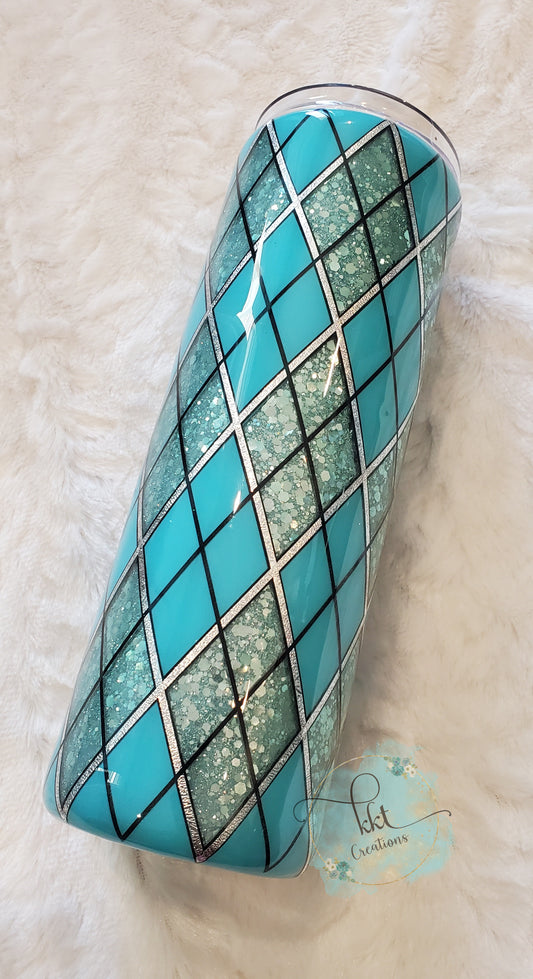 Glittered Argyle Tumbler - 30 oz Straight Skinny - Turquoise