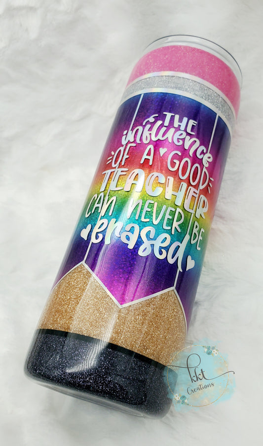 TEACHER Pencil Rainbow Holographic Glittered Custom Tumbler - 20 oz Skinny Straight