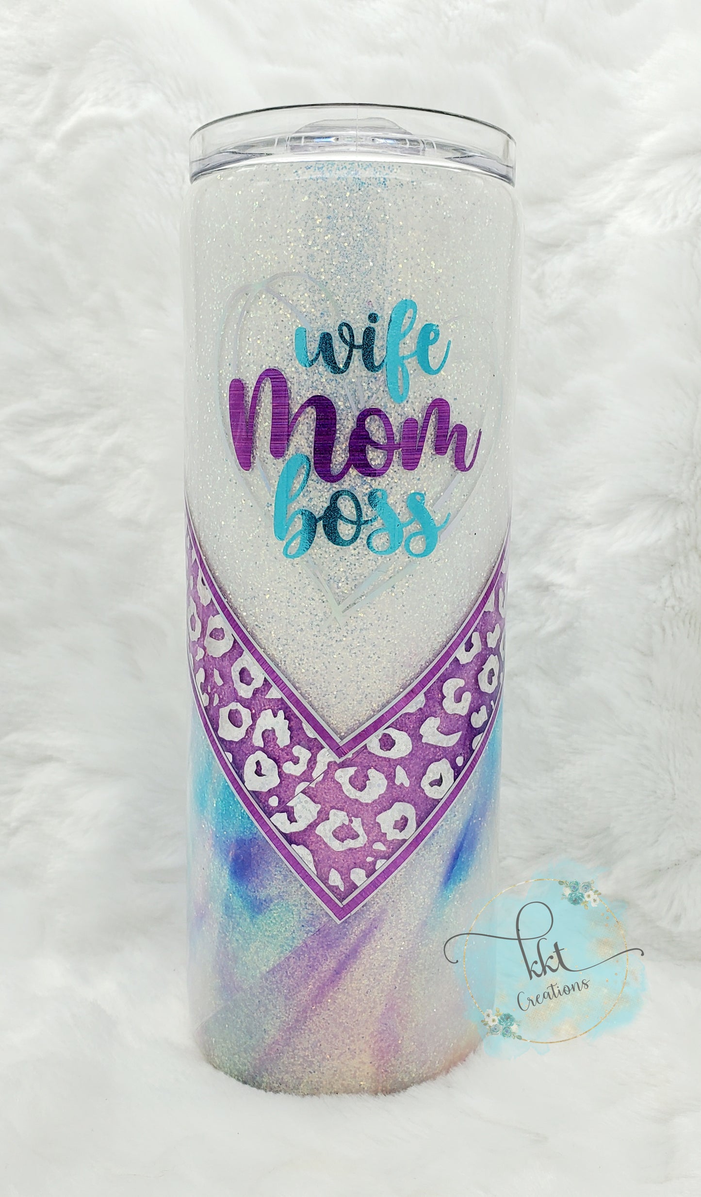 WIFE MOM BOSS Glittered Watercolor Leopard V-Split Custom Tumbler - 20 oz Skinny Straight