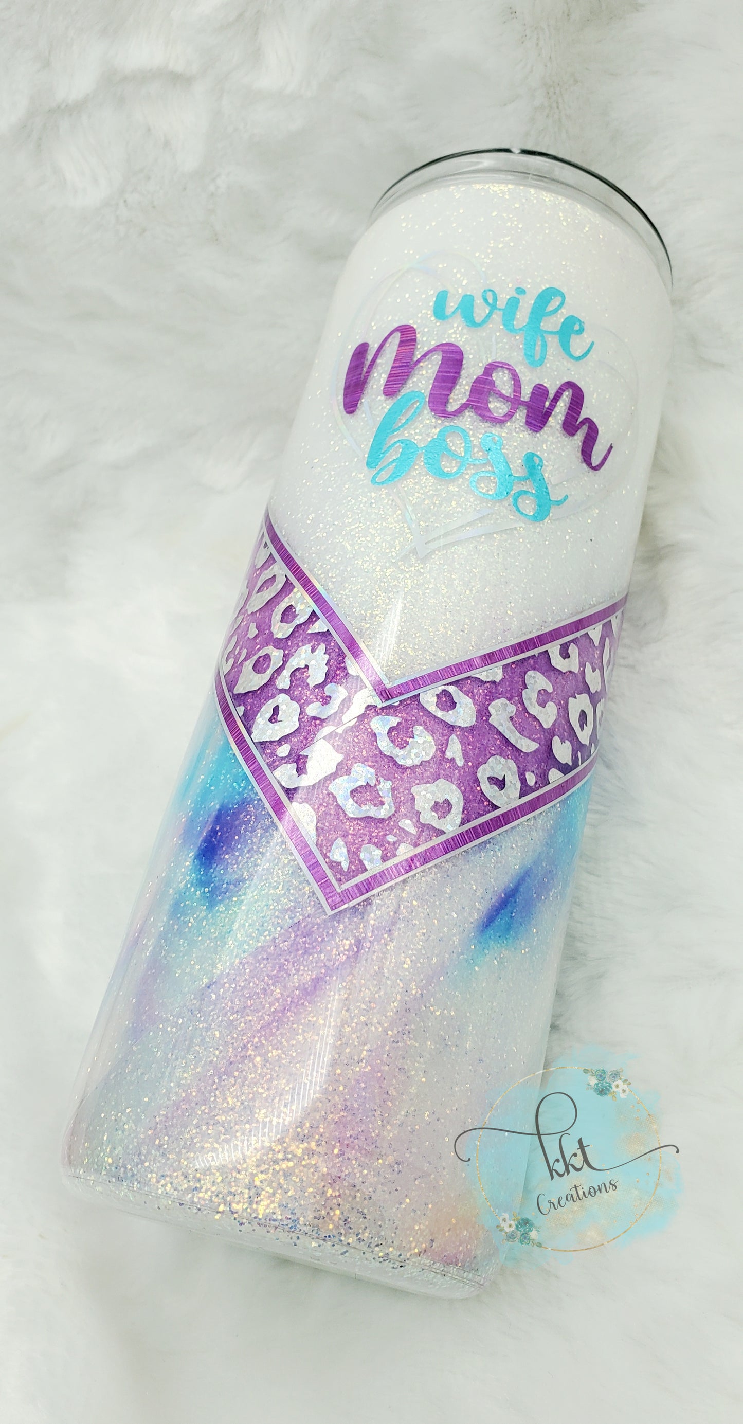 WIFE MOM BOSS Glittered Watercolor Leopard V-Split Custom Tumbler - 20 oz Skinny Straight