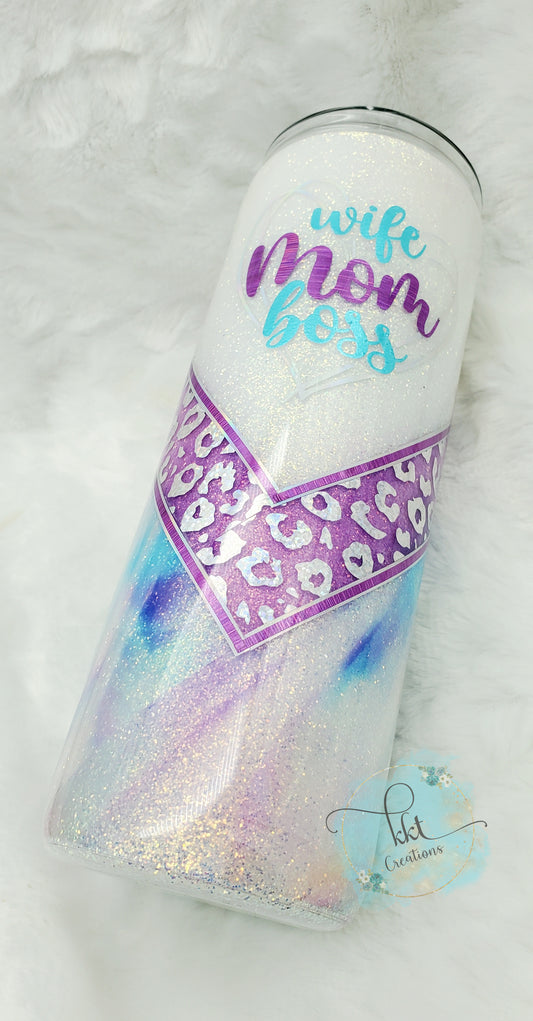 WIFE MOM BOSS Glittered Watercolor Leopard V-Split Custom Tumbler - 20 oz Skinny Straight