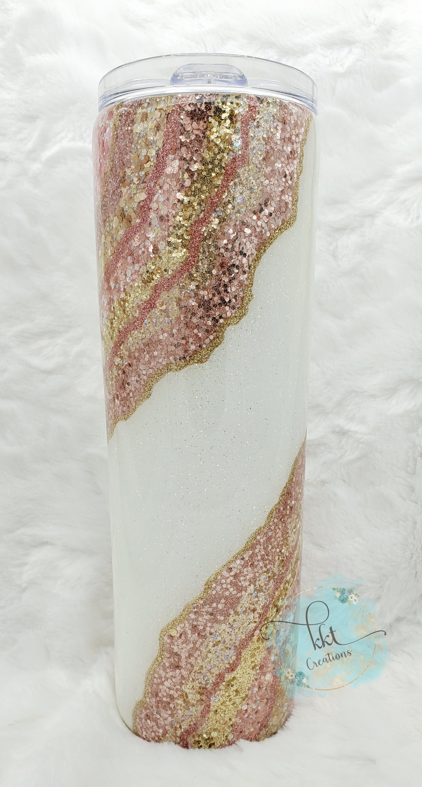 Geode Rose Gold hand glittered custom tumbler - 30 oz skinny taper