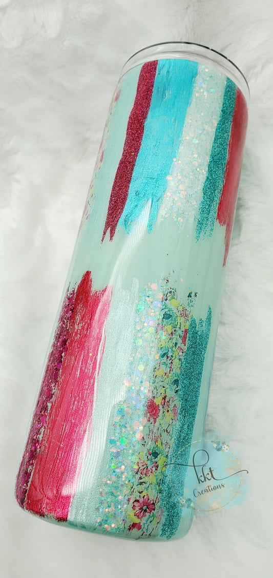 Brushstroke Foil Turquoise, Mint, Pink, Flower Custom Tumbler - 20 oz Skinny Straight