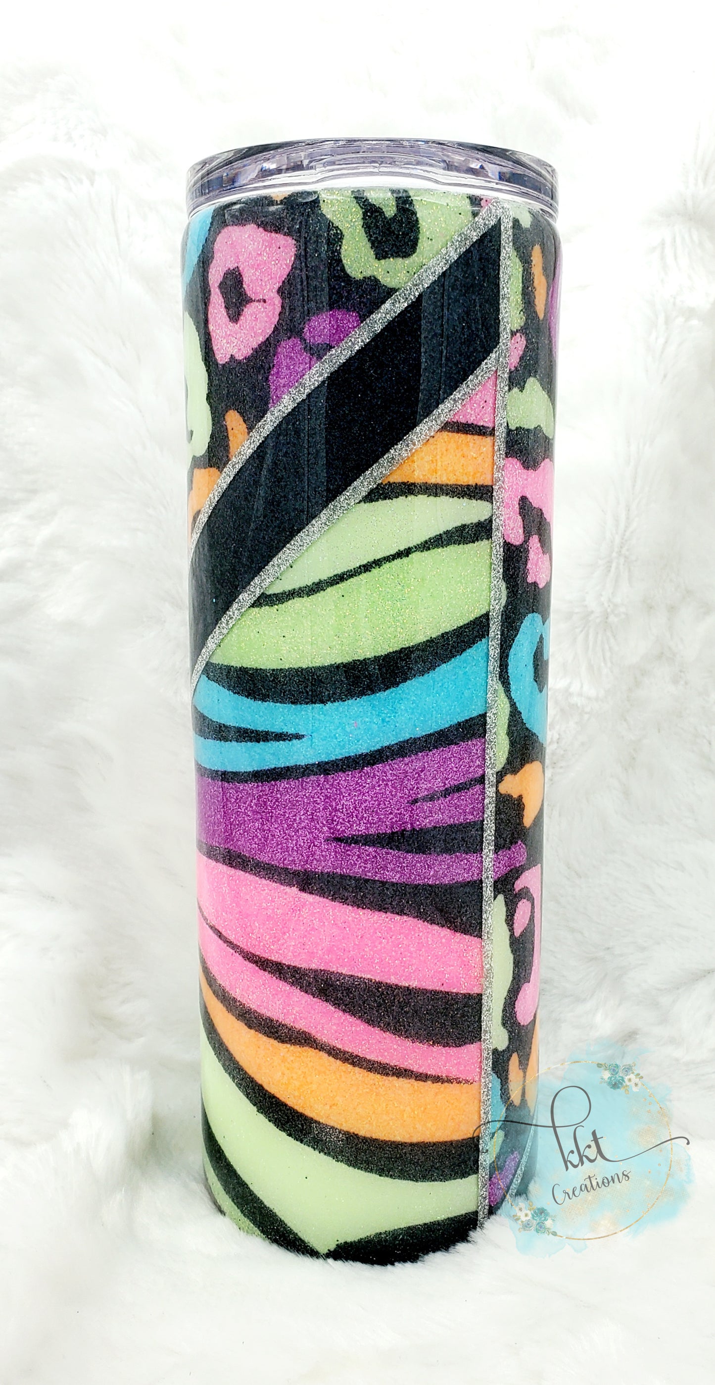 Glittered Neon Lisa Frank vibes Custom Tumbler - 20 oz Skinny Straight - Neon Leopard/Zebra