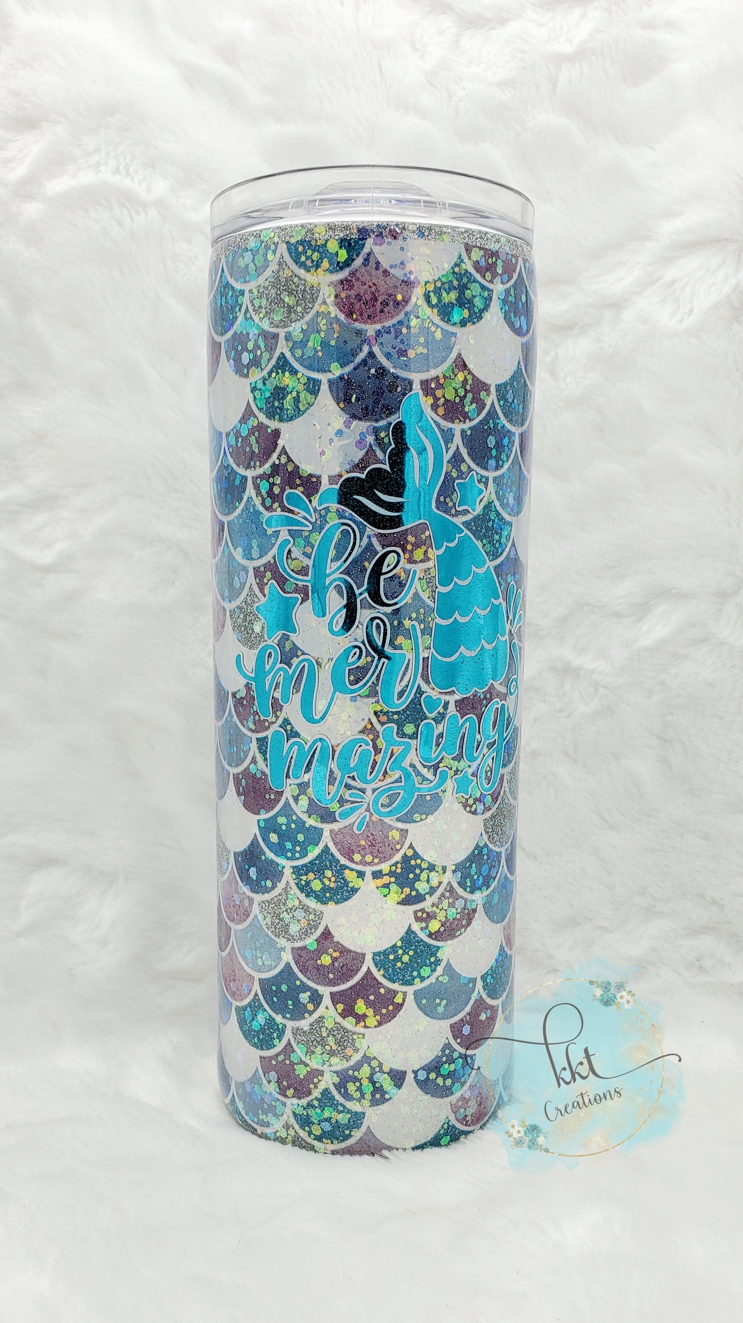 Mermaid scales BE MERMAZING with glitter Custom Tumbler - 20 oz Skinny Straight -Blues/turquoise/purple/silver