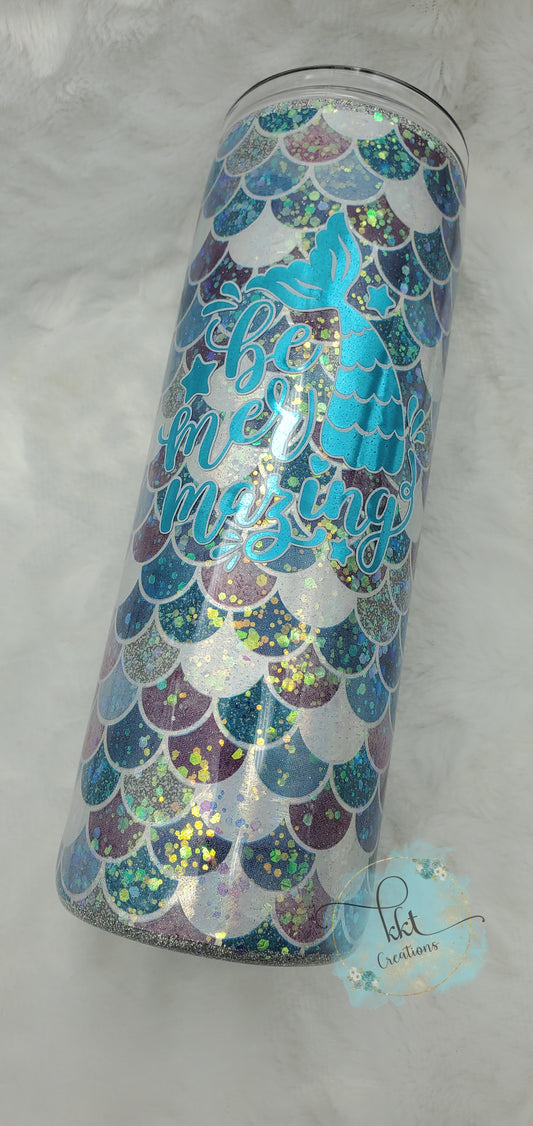 Mermaid scales BE MERMAZING with glitter Custom Tumbler - 20 oz Skinny Straight -Blues/turquoise/purple/silver