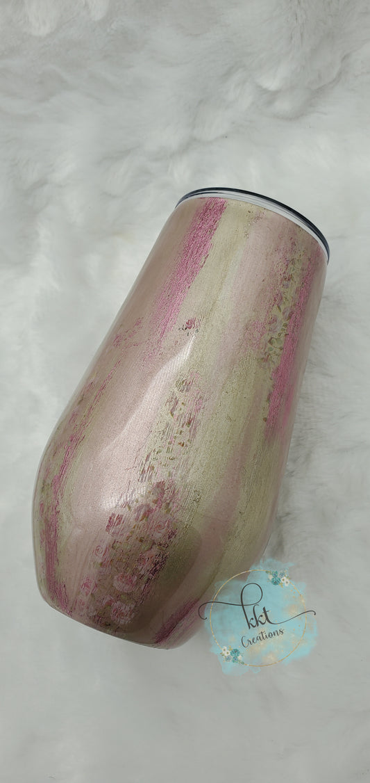 Brushstroke Foil Rose gold and Pink Flower Custom Tumbler - 17 oz wine