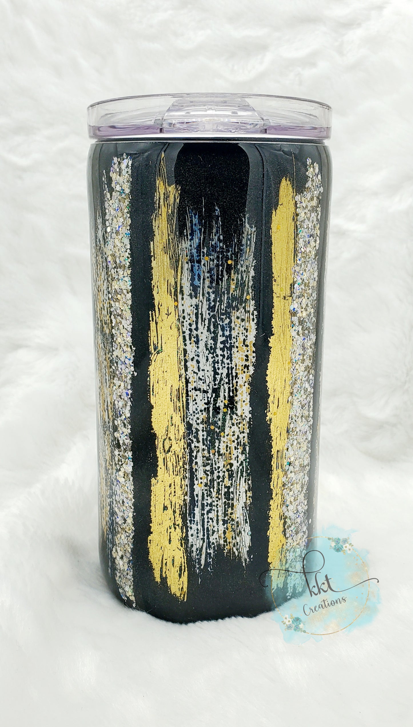 Brushstroke, Foil, Glitter Custom Tumbler - 12 oz SLIM Douzie, can kouzie & regular lid included - black, gold, silver