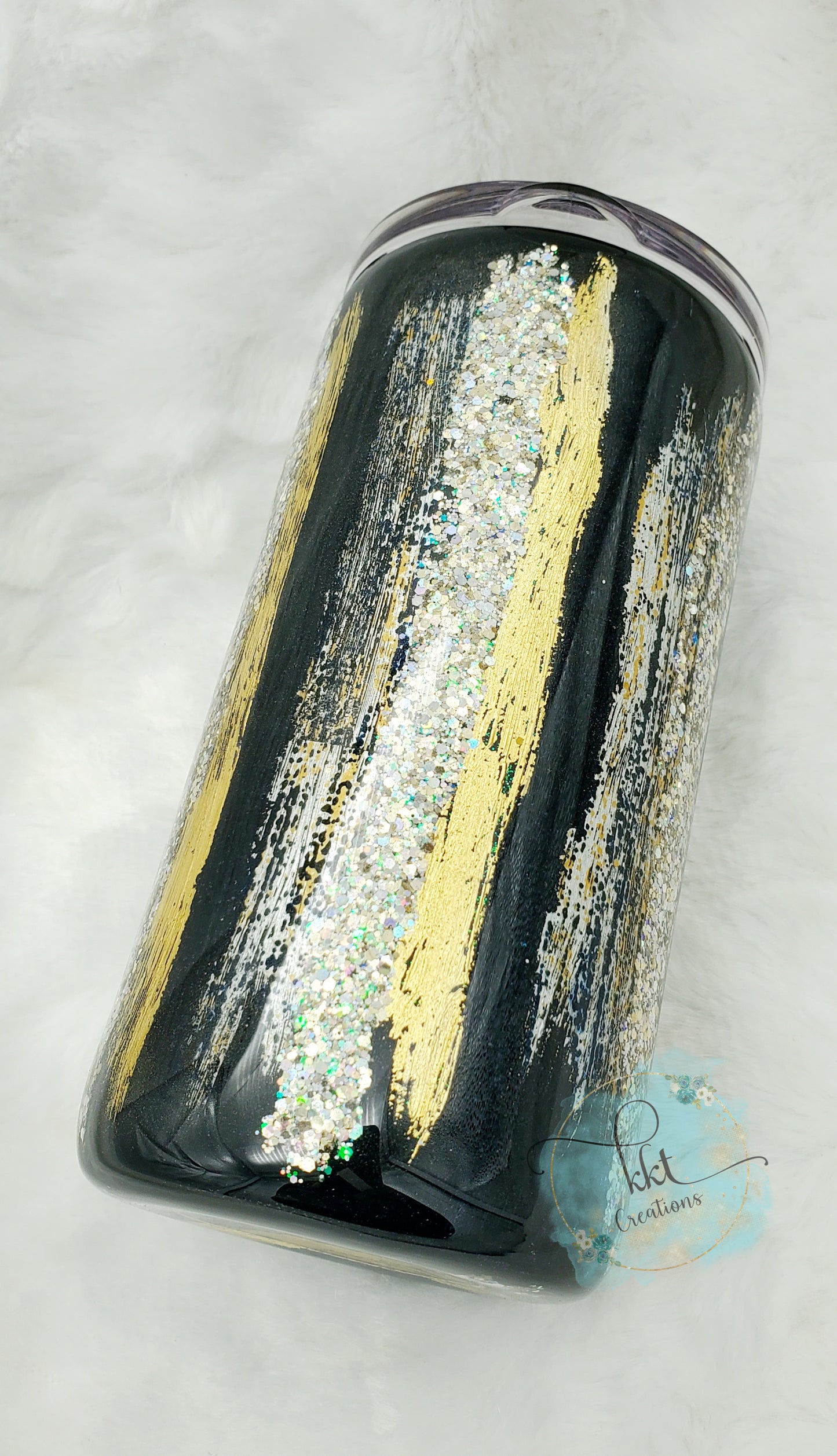 Brushstroke, Foil, Glitter Custom Tumbler - 12 oz SLIM Douzie, can kouzie & regular lid included - black, gold, silver