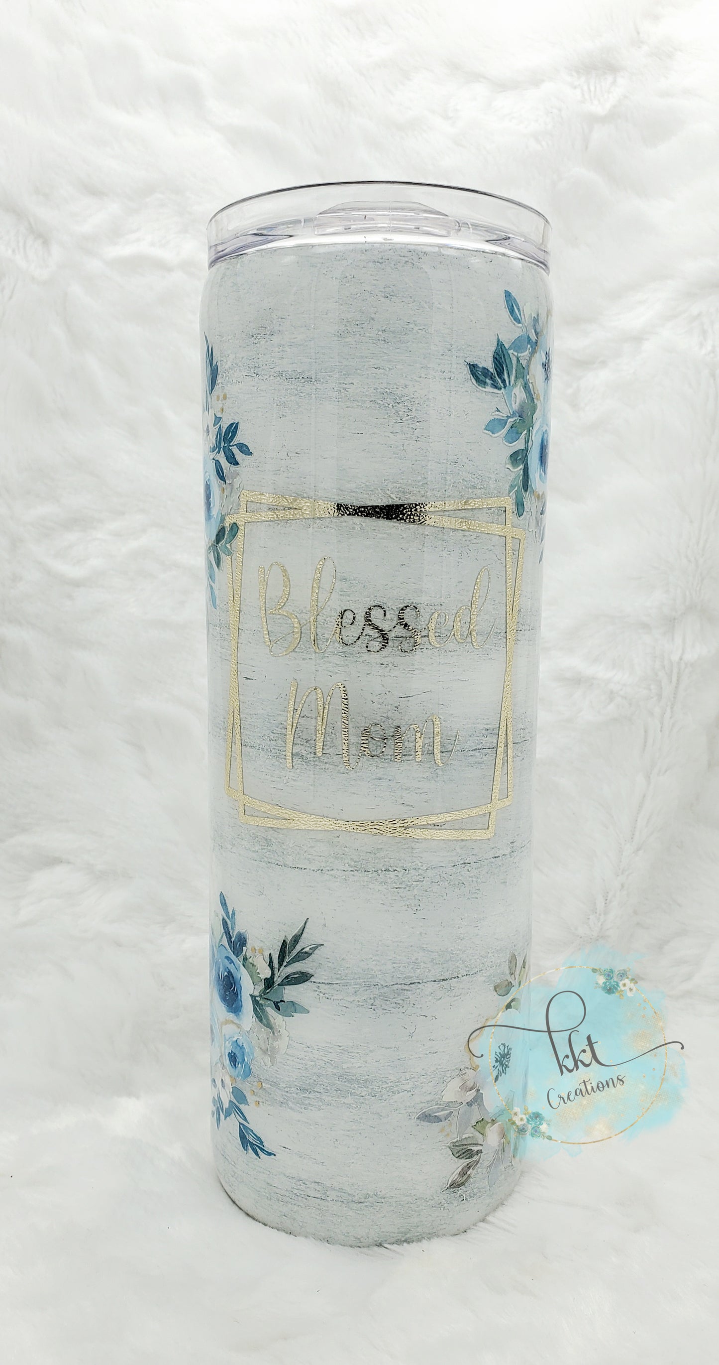 BLESSED MOM blue flowered shiplap custom tumbler - 20 oz skinny