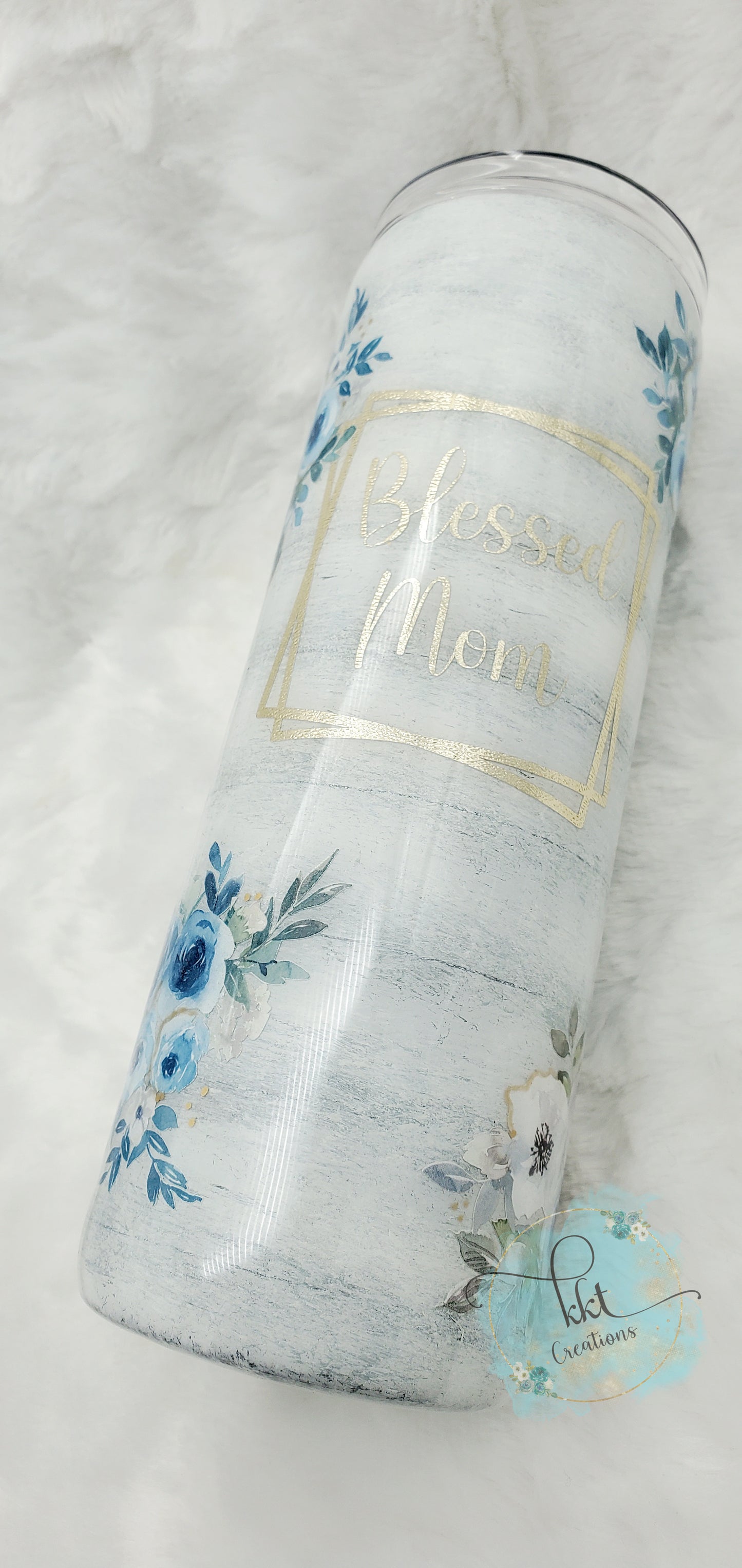 BLESSED MOM blue flowered shiplap custom tumbler - 20 oz skinny