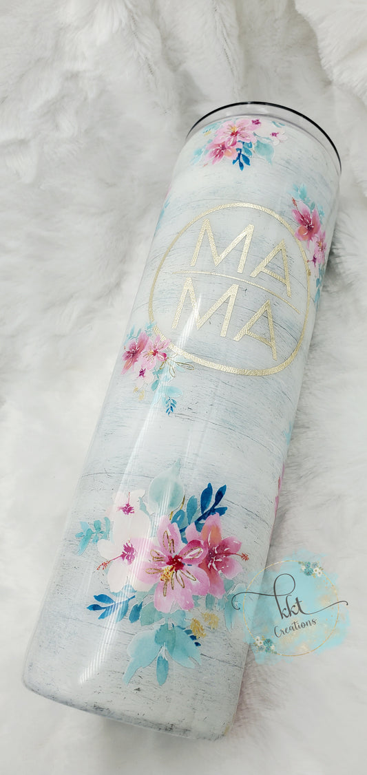 MAMA pink tropical flowered shiplap custom tumbler - 30 oz skinny taper