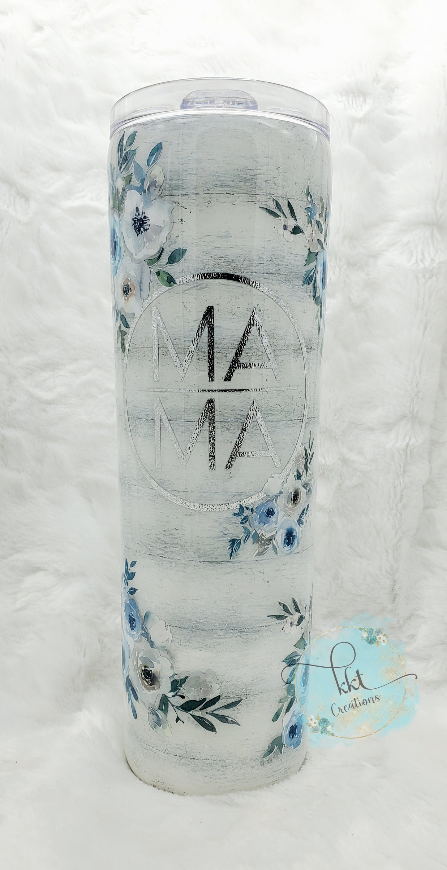 MAMA blue flowered shiplap custom tumbler - 30 oz skinny taper