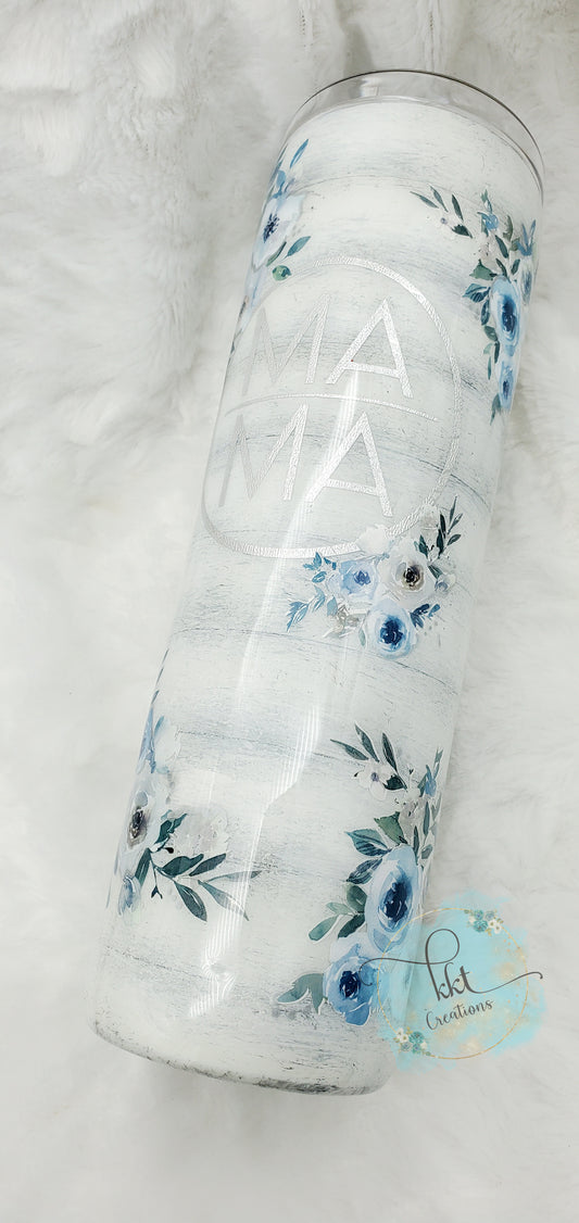 MAMA blue flowered shiplap custom tumbler - 30 oz skinny taper