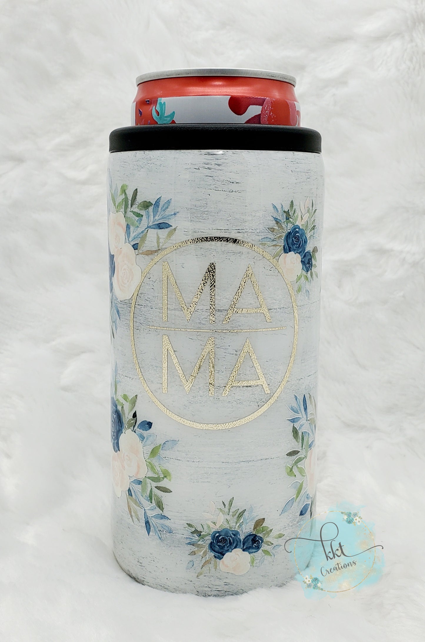 MAMA Shiplap with blue, light peach flowers - 12 oz SLIM Douzie, can kouzie & regular lid included