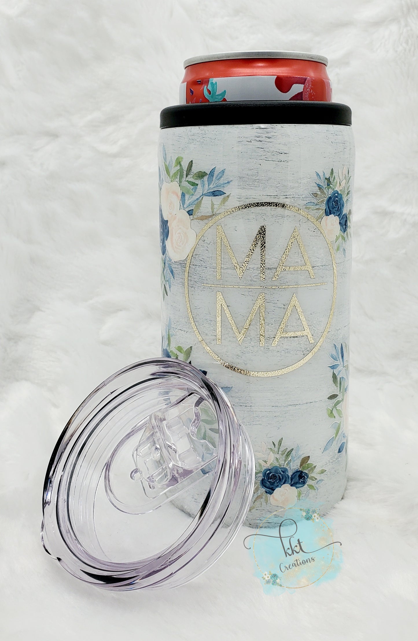 MAMA Shiplap with blue, light peach flowers - 12 oz SLIM Douzie, can kouzie & regular lid included