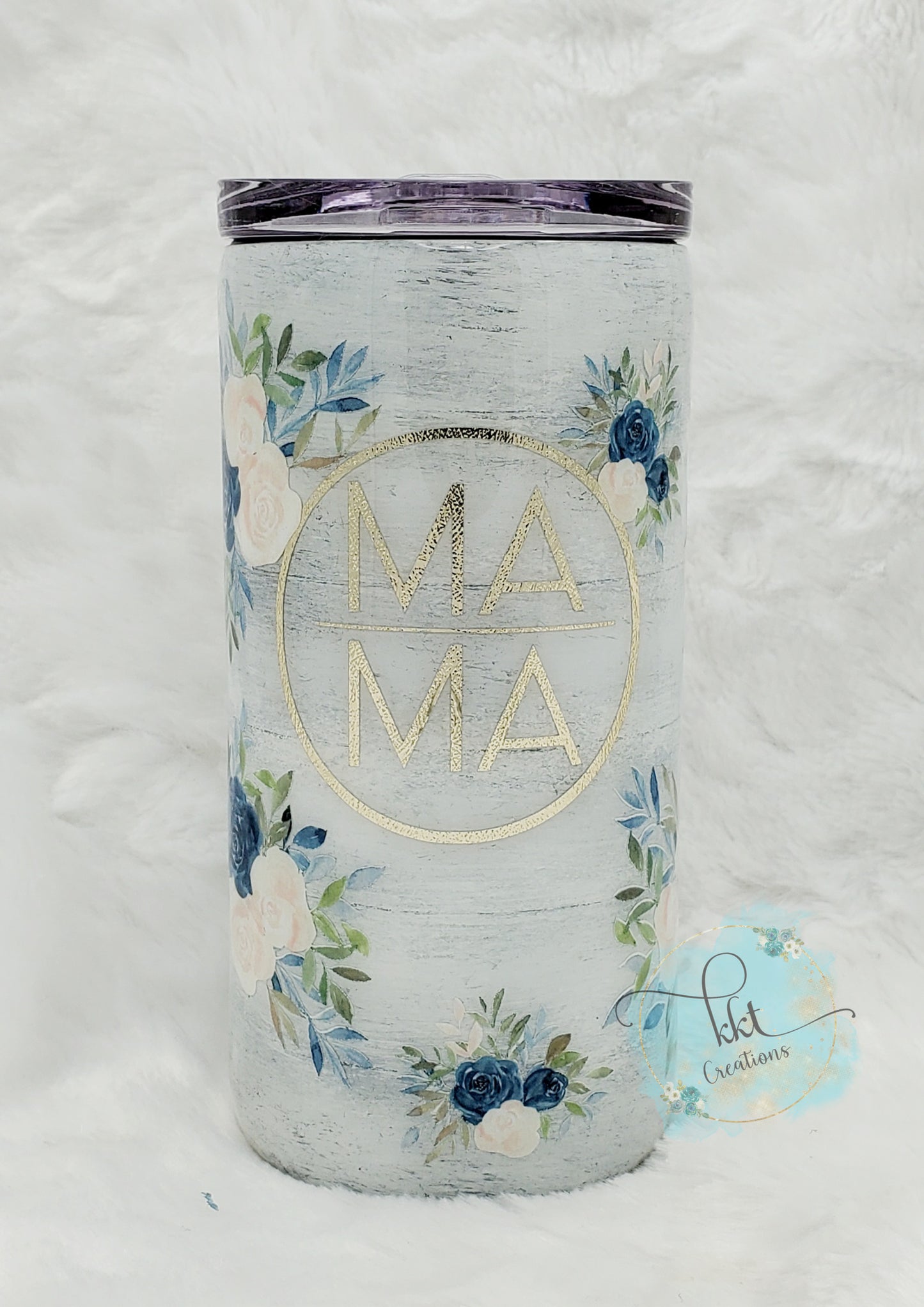 MAMA Shiplap with blue, light peach flowers - 12 oz SLIM Douzie, can kouzie & regular lid included