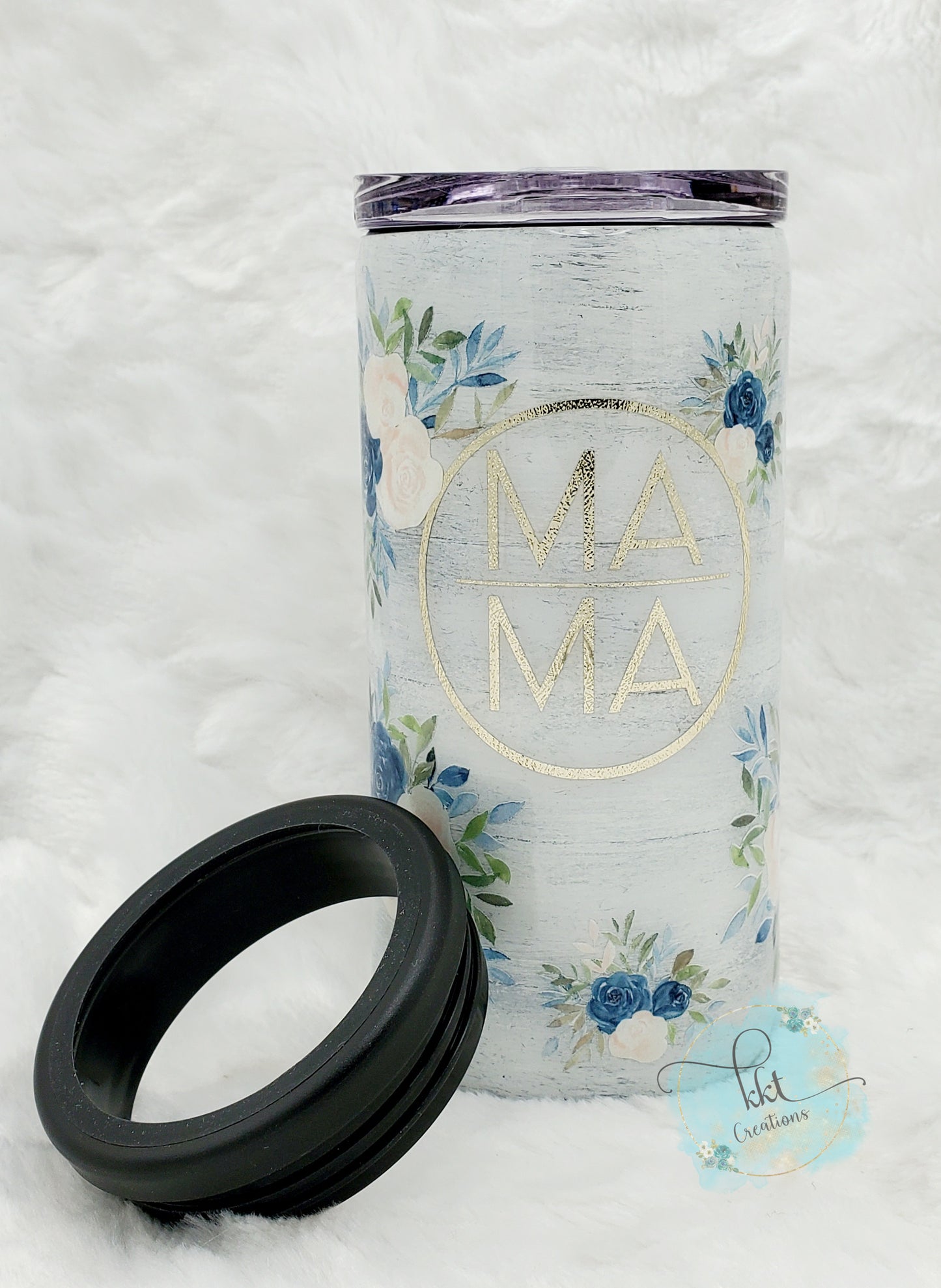 MAMA Shiplap with blue, light peach flowers - 12 oz SLIM Douzie, can kouzie & regular lid included