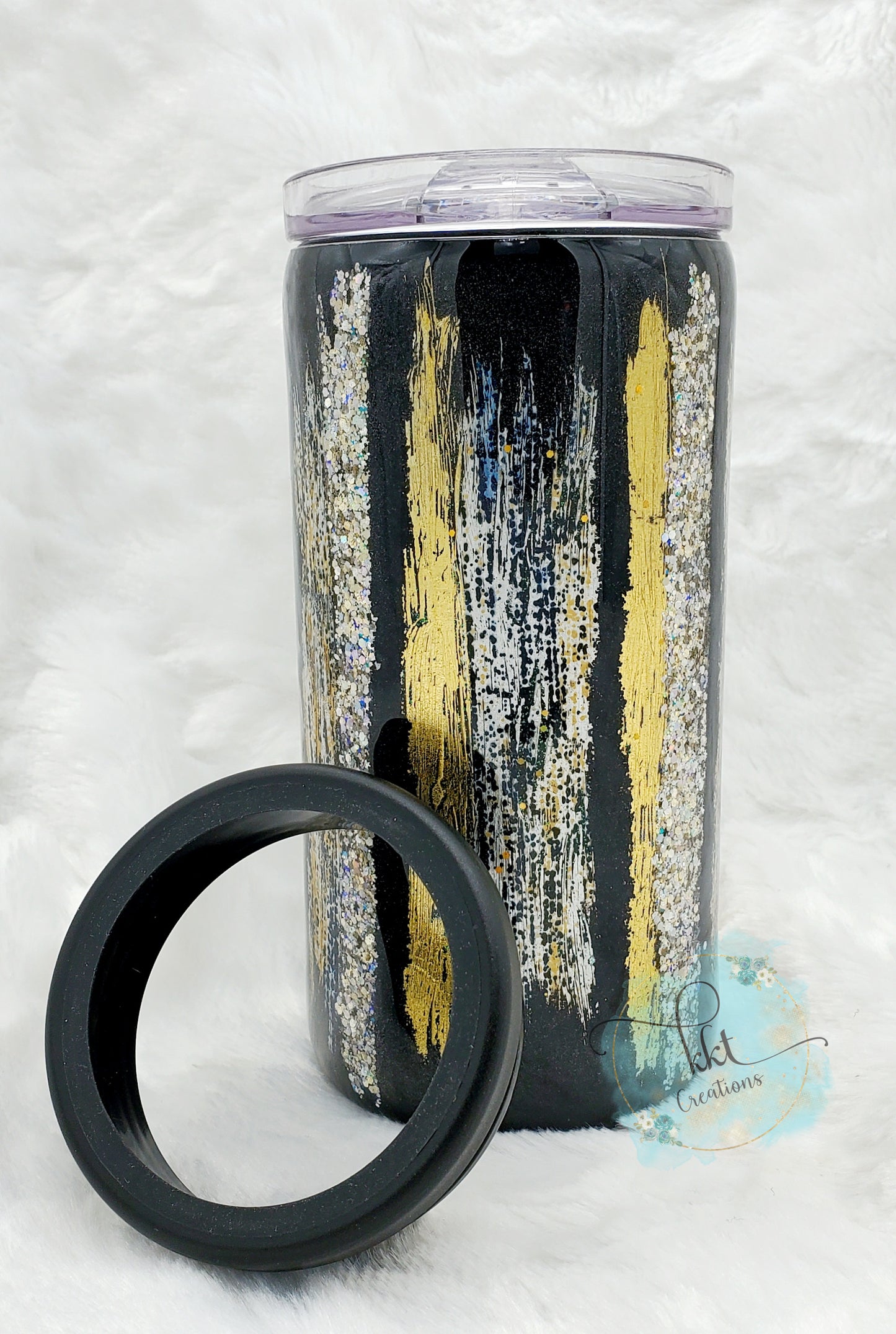 Brushstroke, Foil, Glitter Custom Tumbler - 12 oz SLIM Douzie, can kouzie & regular lid included - black, gold, silver