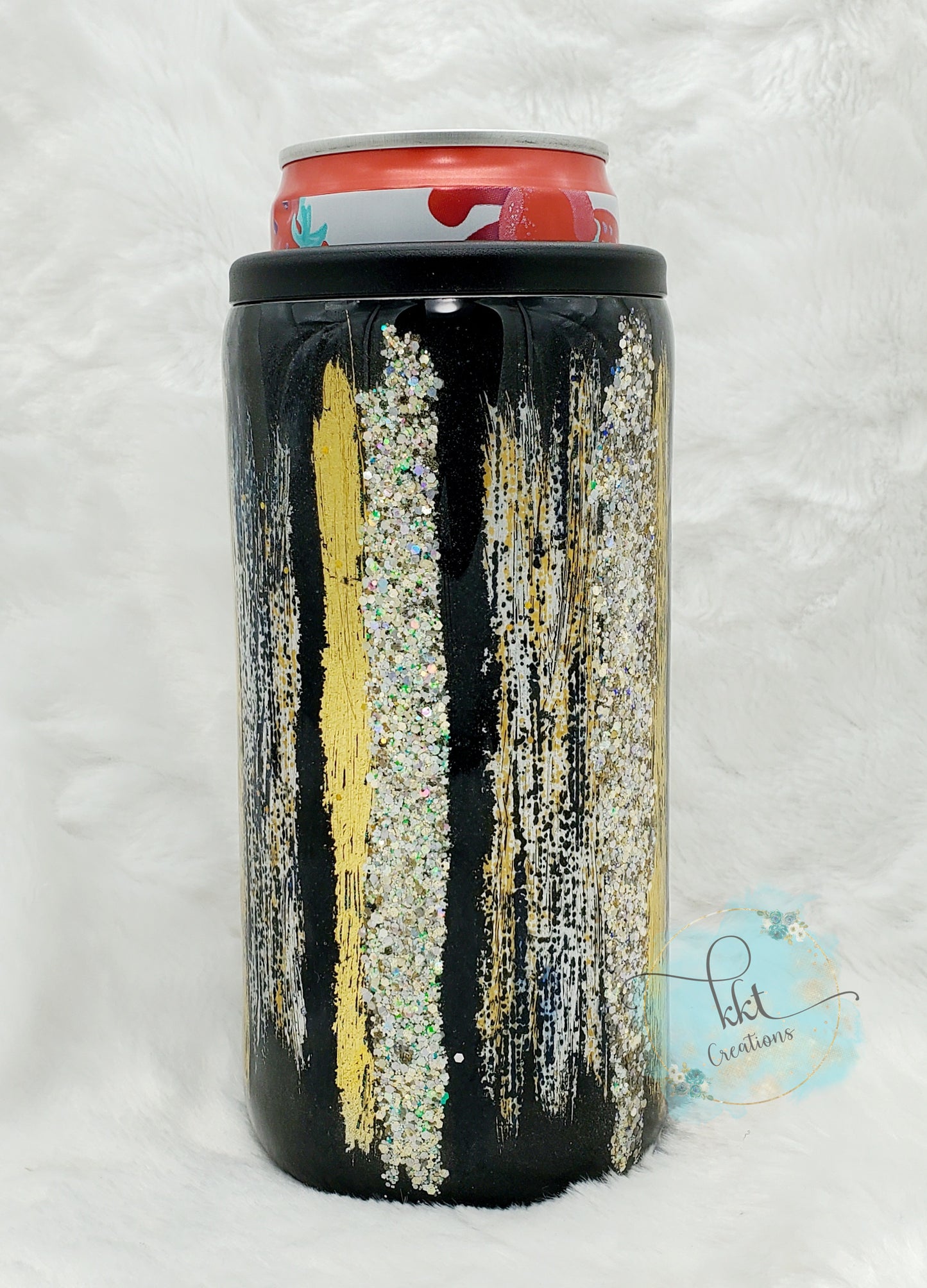 Brushstroke, Foil, Glitter Custom Tumbler - 12 oz SLIM Douzie, can kouzie & regular lid included - black, gold, silver