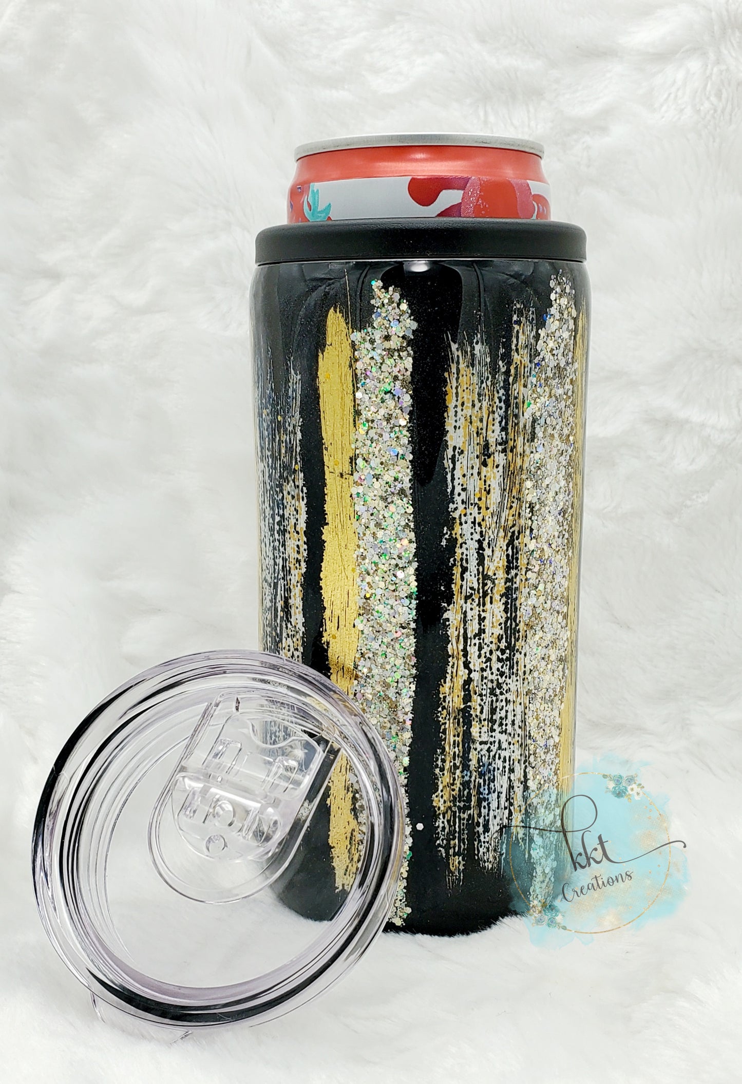 Brushstroke, Foil, Glitter Custom Tumbler - 12 oz SLIM Douzie, can kouzie & regular lid included - black, gold, silver