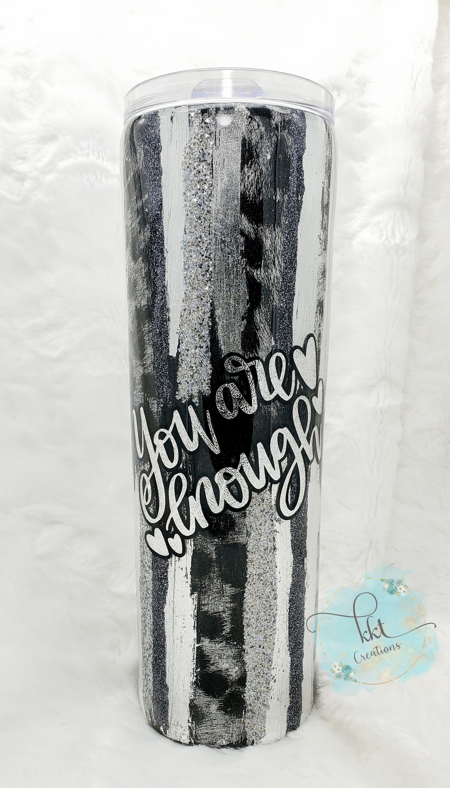 Brushstroke Foil Glitter YOU ARE ENOUGH Custom Tumbler - 30 oz Skinny Taper - Black/Silver