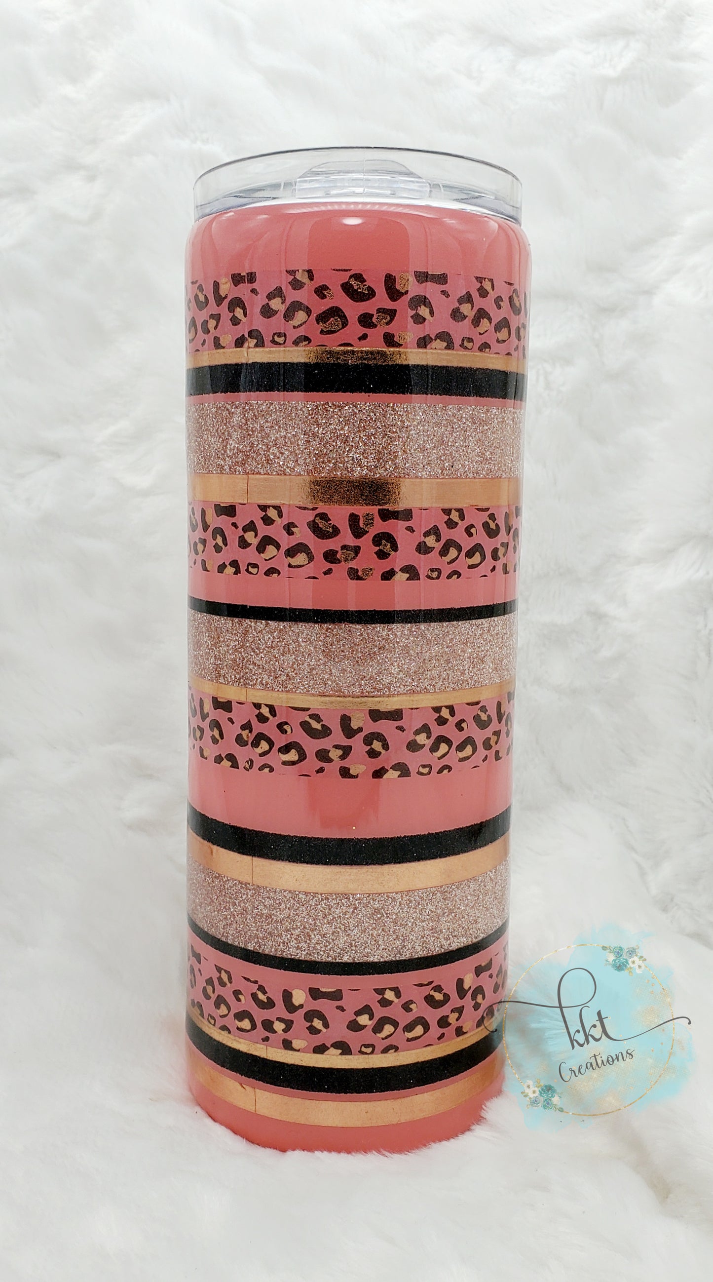 Striped Custom Tumbler - 24 oz Skinny - Coral/Rose Gold/Black