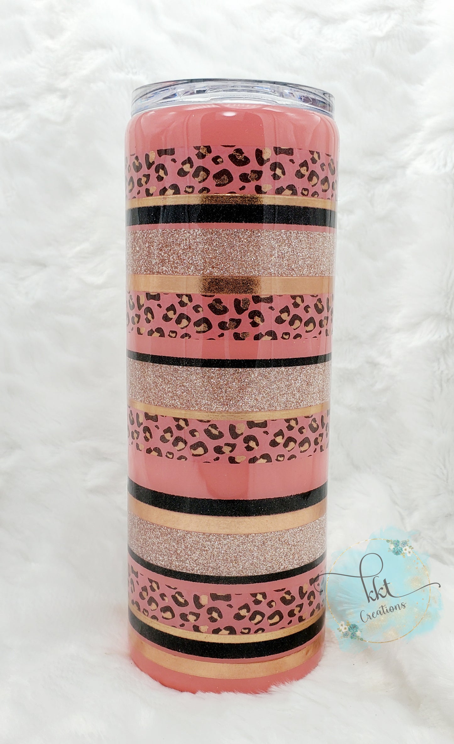 Striped Custom Tumbler - 24 oz Skinny - Coral/Rose Gold/Black