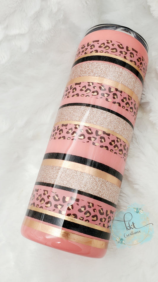 Striped Custom Tumbler - 24 oz Skinny - Coral/Rose Gold/Black