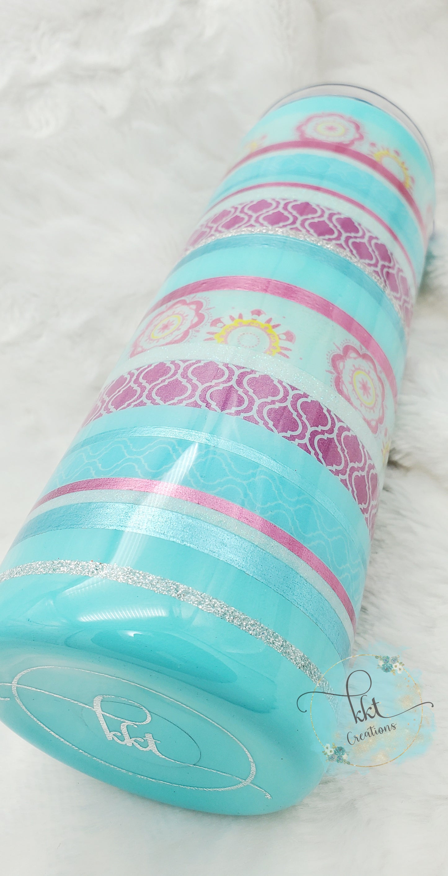 Striped Custom Tumbler - 20 oz Skinny Straight - Turquoise/Pink/Silver