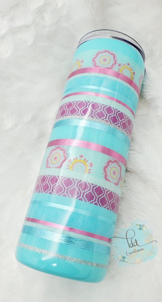 Striped Custom Tumbler - 20 oz Skinny Straight - Turquoise/Pink/Silver