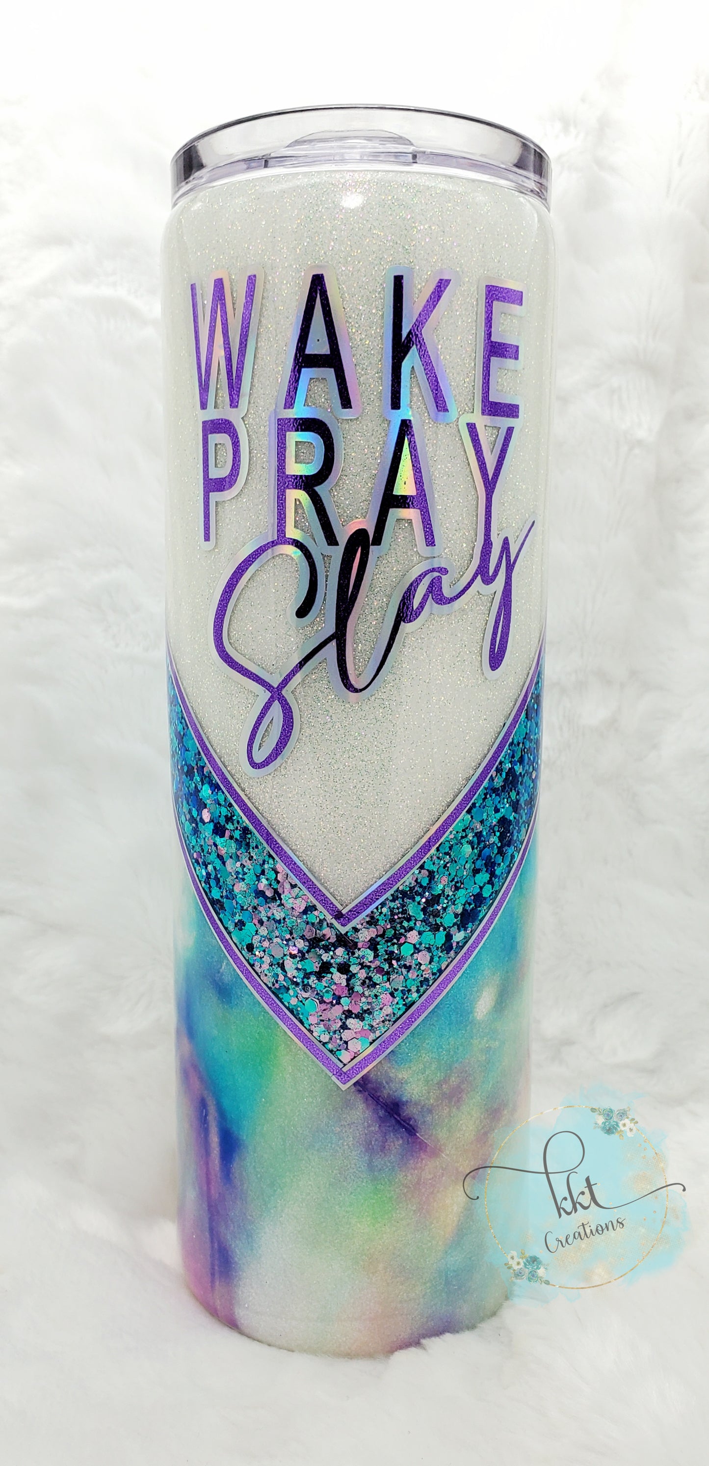 WAKE PRAY SLAY Glittered Watercolor V-Split Custom Tumbler - 30 oz Skinny Straight - Turquoise/Purple/Blue