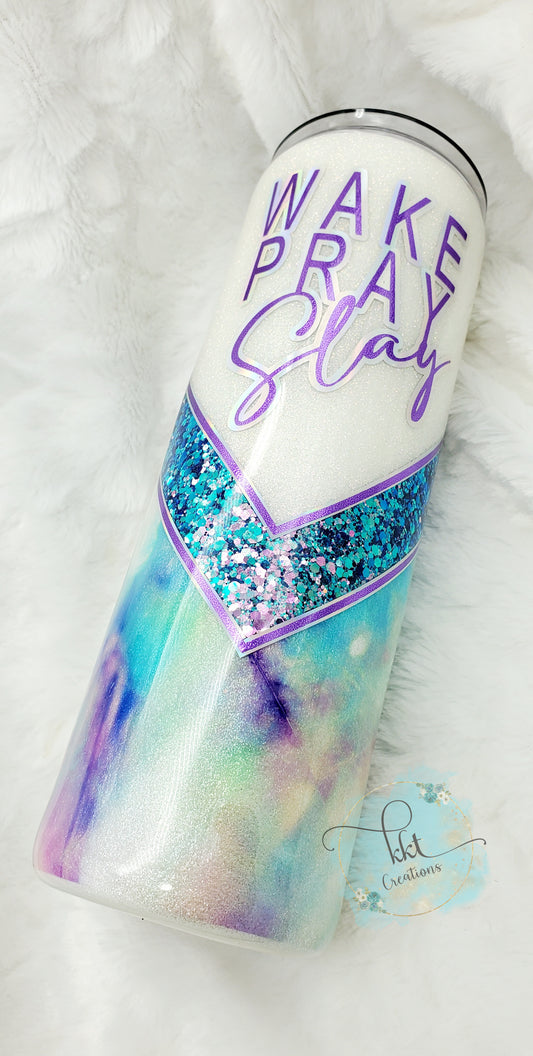 WAKE PRAY SLAY Glittered Watercolor V-Split Custom Tumbler - 30 oz Skinny Straight - Turquoise/Purple/Blue