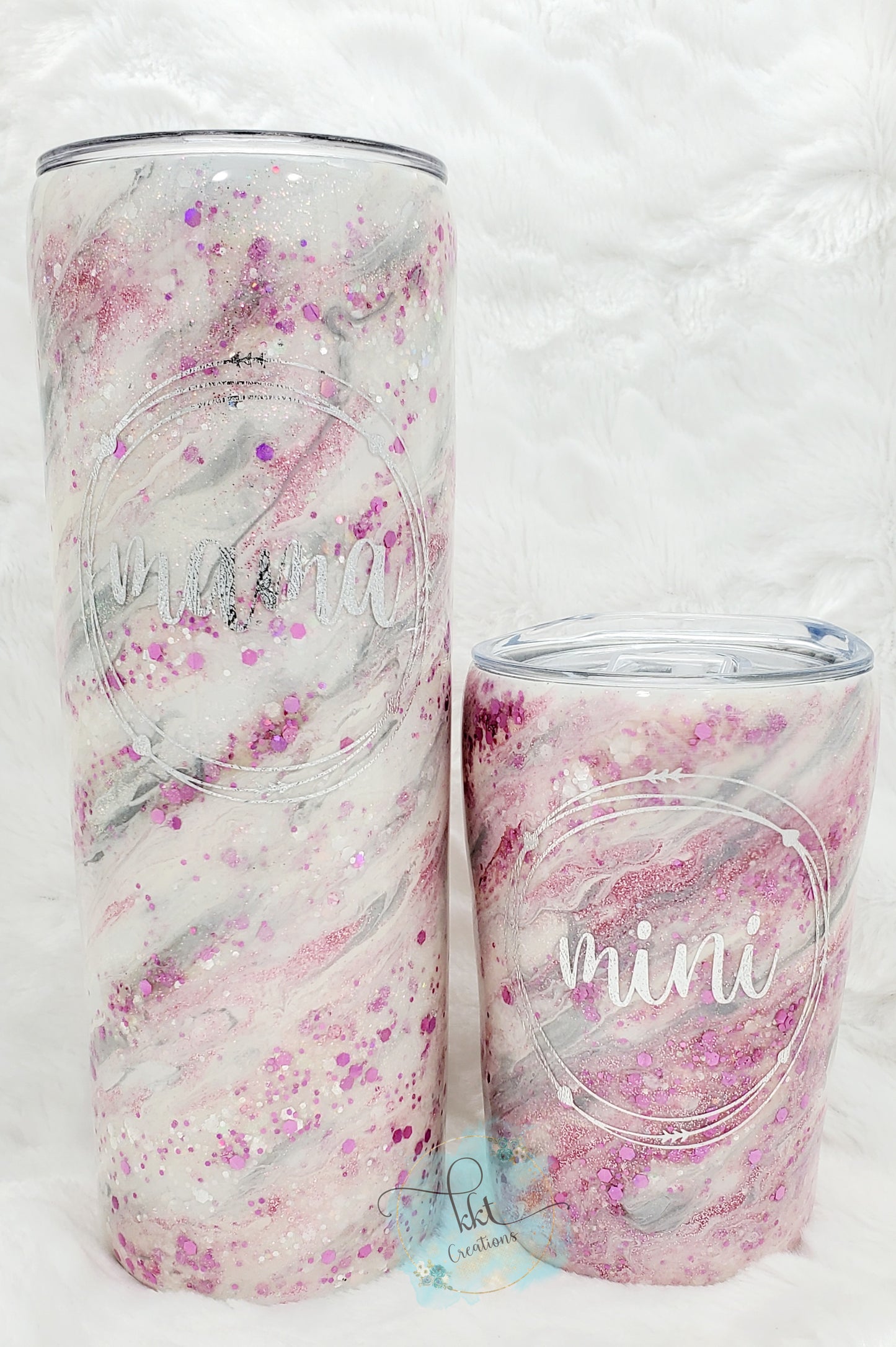 Mama & Mini set swirl glitter Custom Tumblers - 20 oz & 12 oz - pink, silver, white