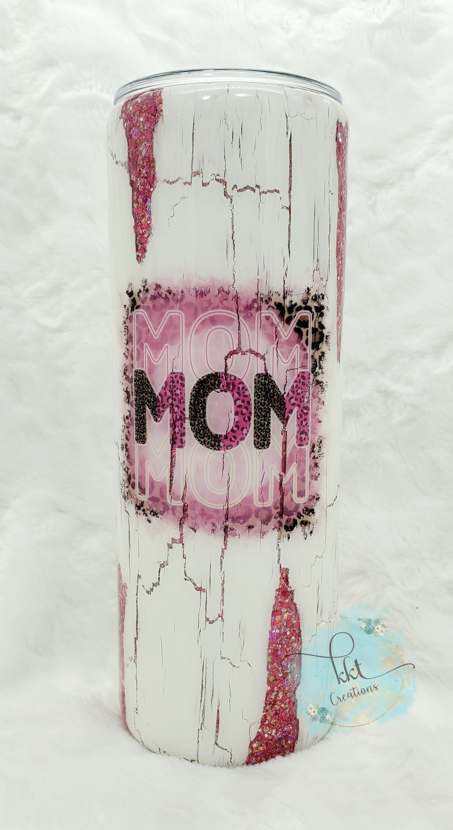 MOM Glittered Distressed Custom Tumbler - 20 oz Skinny Straight - pink/white