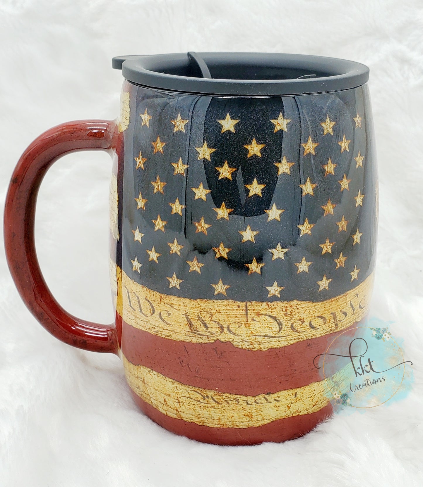 Flag Constitution Distressed Non Glitter Tumbler - 14 oz curved coffee mug - Red/White/Blue