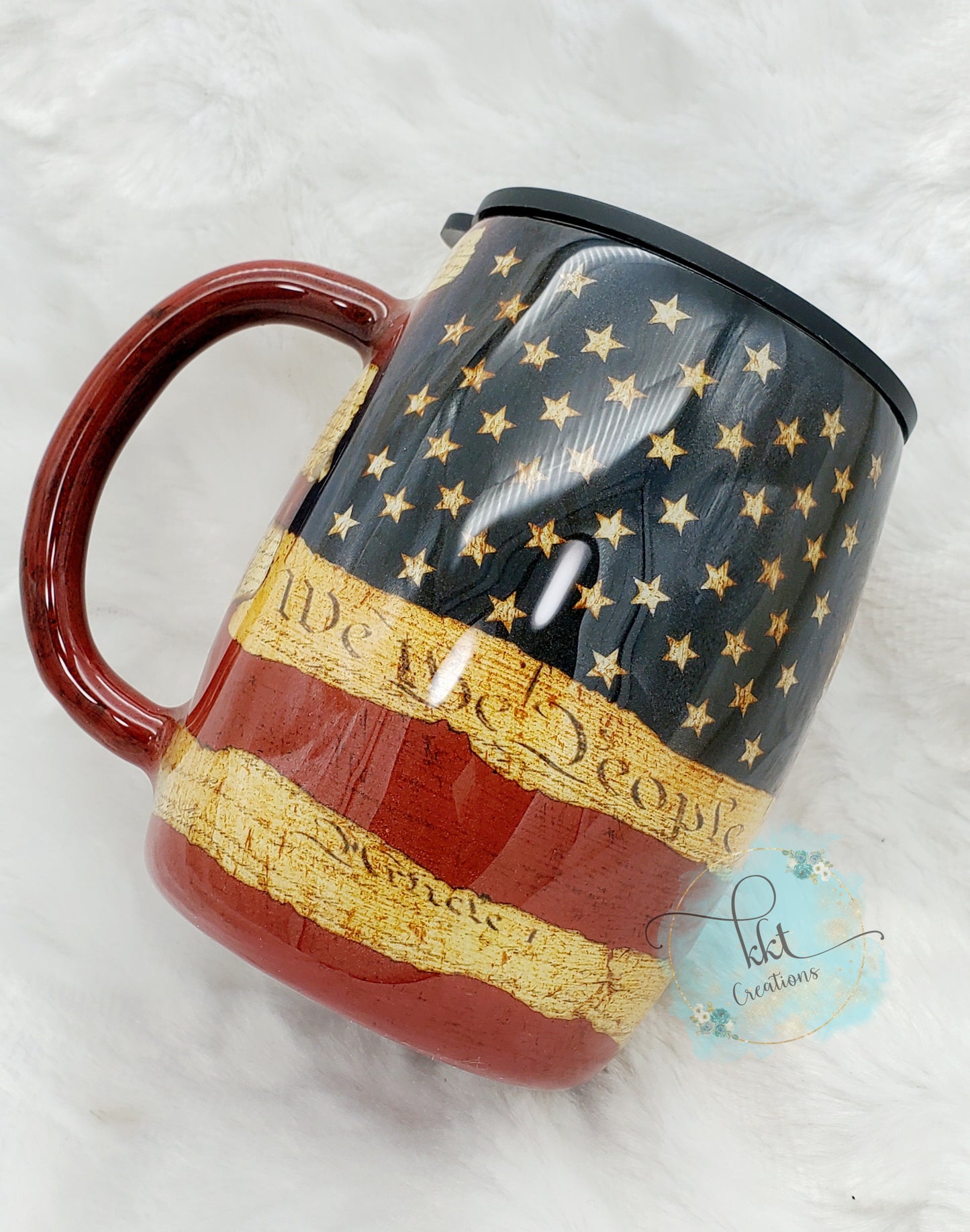 Flag Constitution Distressed Non Glitter Tumbler - 14 oz curved coffee mug - Red/White/Blue