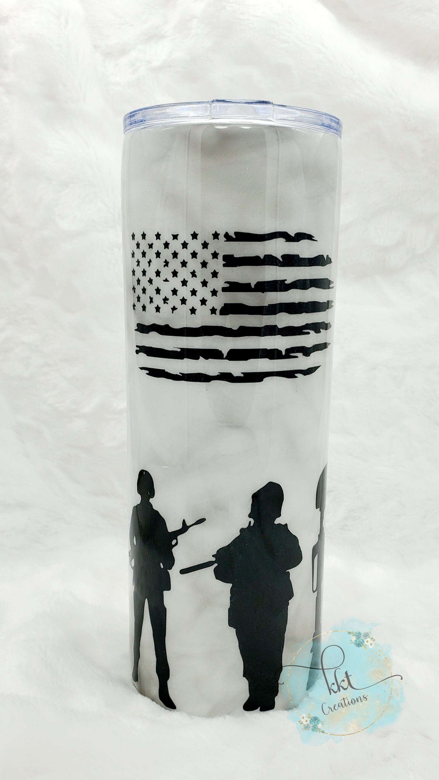 Soldier Silhouettes with Flag Smoked Custom Tumbler - 24 oz Skinny - white/black/smoked